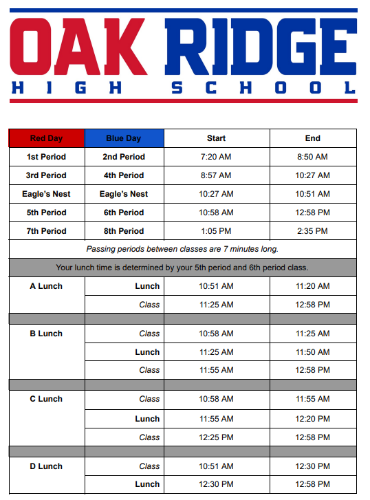 Bell Schedule Oak Ridge 9th Grade High School